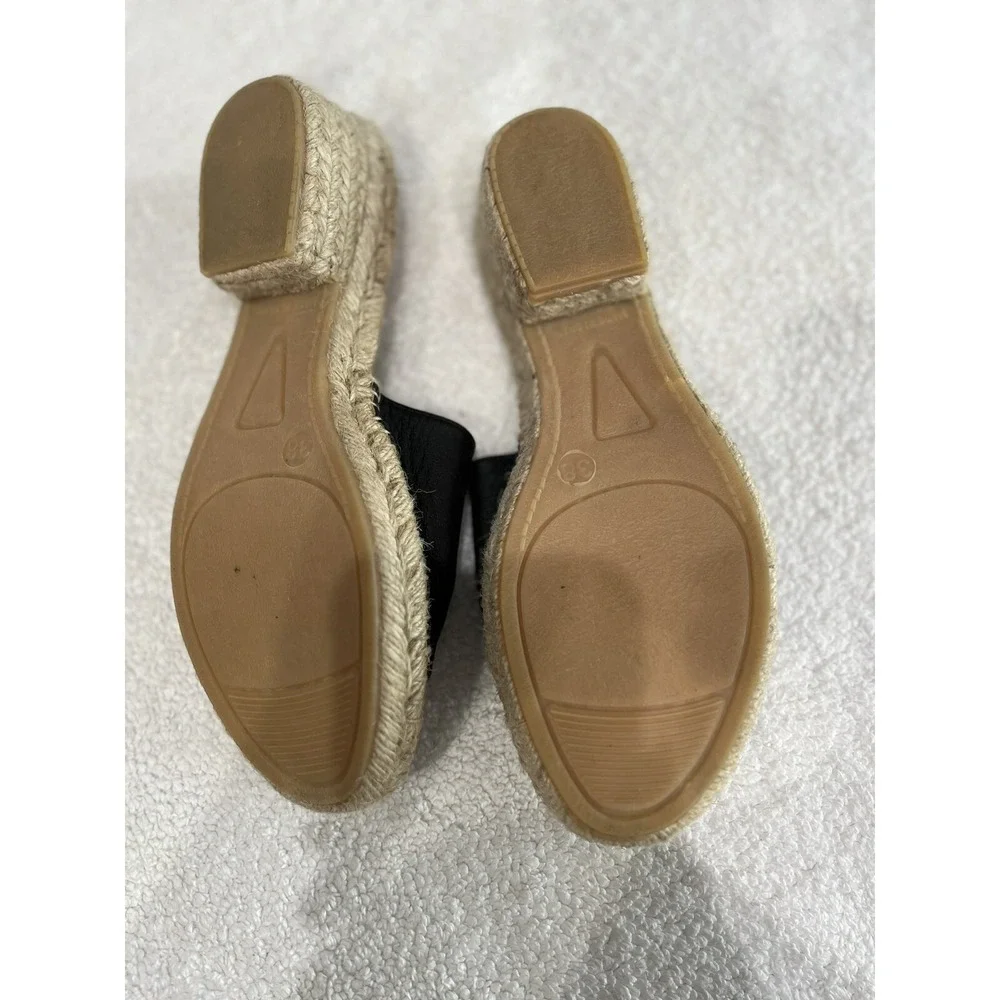 Valentino Garavani Black Leather Gold V Logo Espadrille Slide Sandals‎ Womens 38
